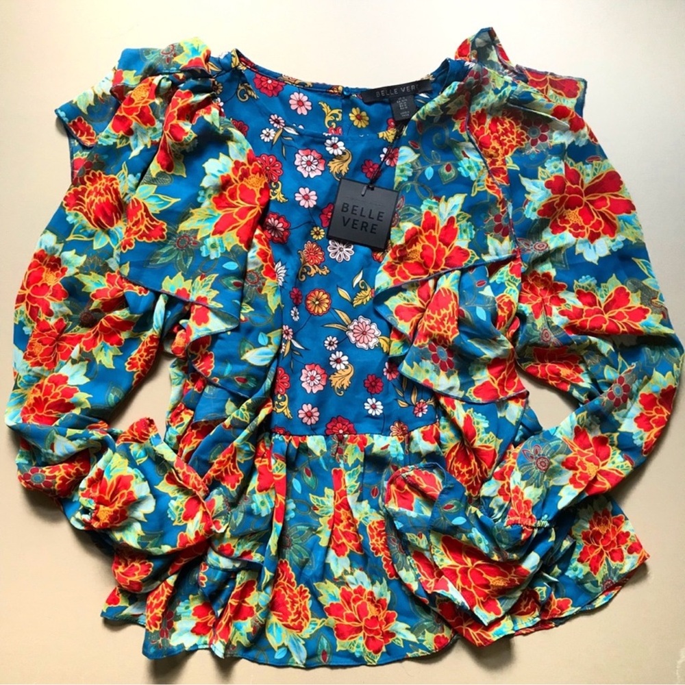 Belle Vere Flowy Floral Ruffle Long Sleeve Chiffon Blouse M